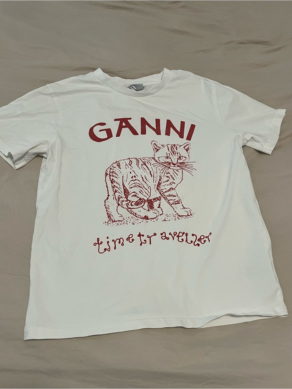 Ganni White Tee with Red Cat Graphic